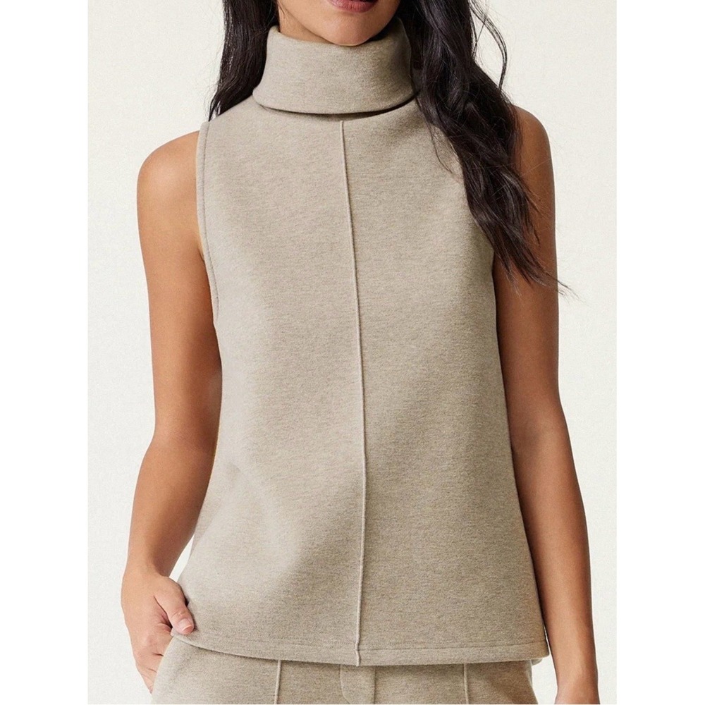 NWT OGl FuzzLuxe Beige Turtle Neck Split Hem Tank Top XS Minimalist Quiet Luxury